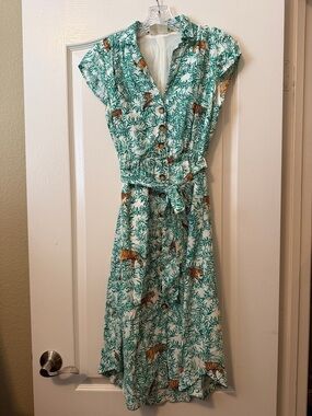 Anthropologie Green Botanical Tiger Print Button-Front Dress